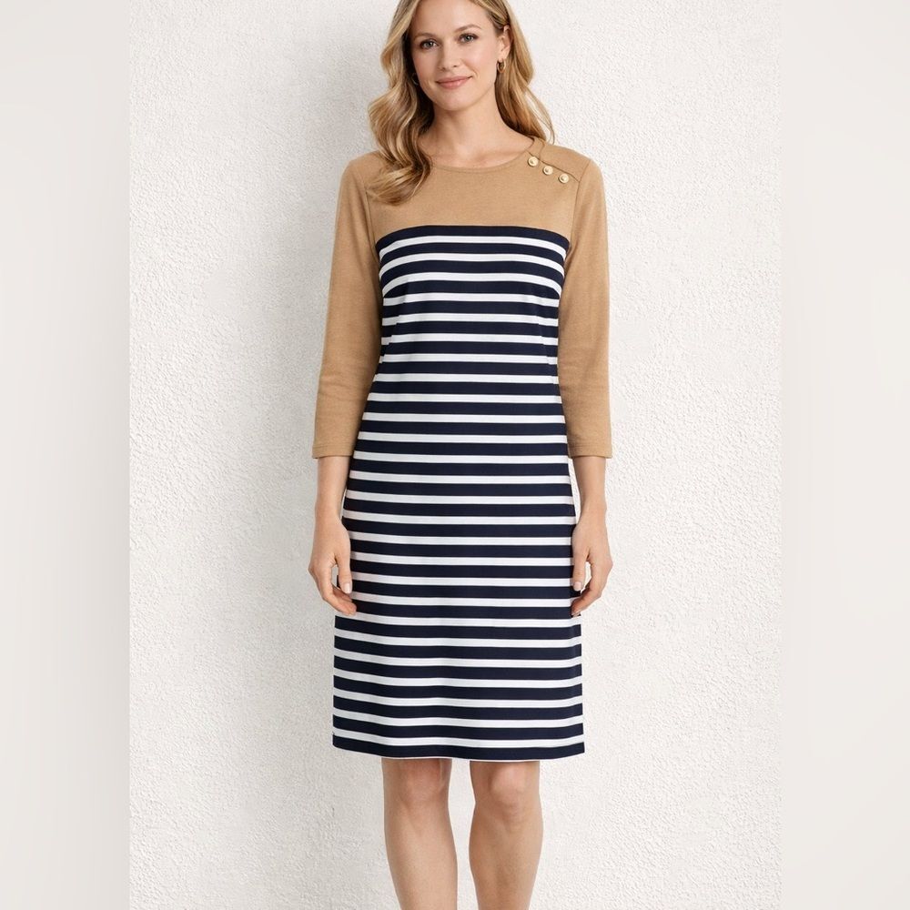 Lands End Striped three-quarter sleeve, navy tan cream colors size 6-8